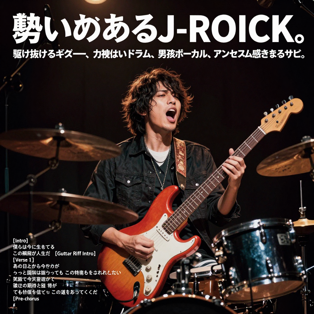 Imagen de portada de 勢いのあるJ-ROCK。駆け抜けるギター、力強いドラム、男性ボーカル、アンセム感のあるサビ。